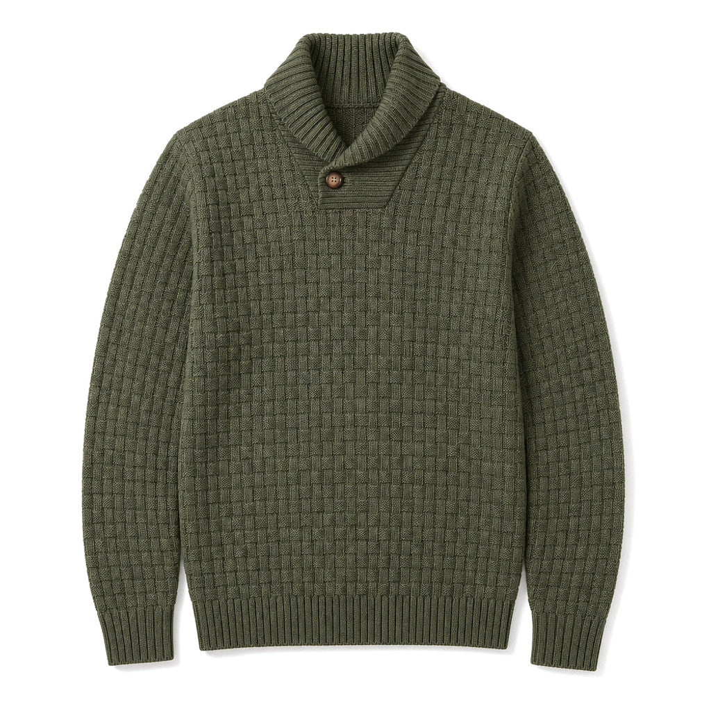 Man wearing military green shawl collar jumper over a shirt
