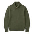 Man wearing military green shawl collar jumper over a shirt
