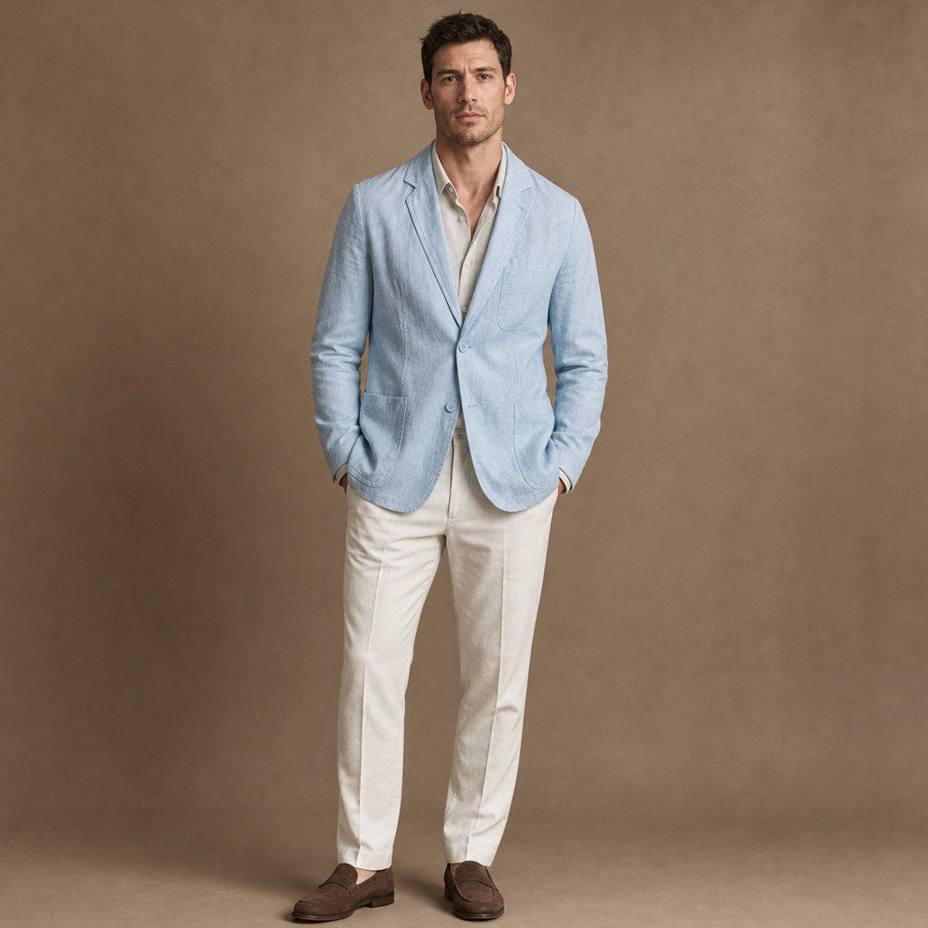 Man wearing powder blue linen blazer open over a plain tee