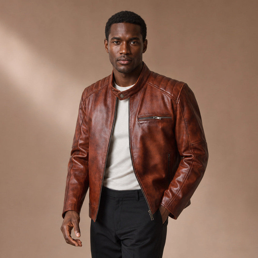 Cognac brown leather cafe racer jacket with banded snap collar and zipped cuffs