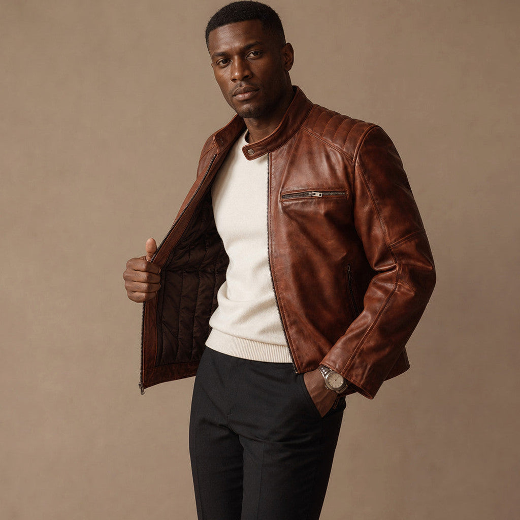 Germain | Leather Cafe Racer Jacket Cognac Brown