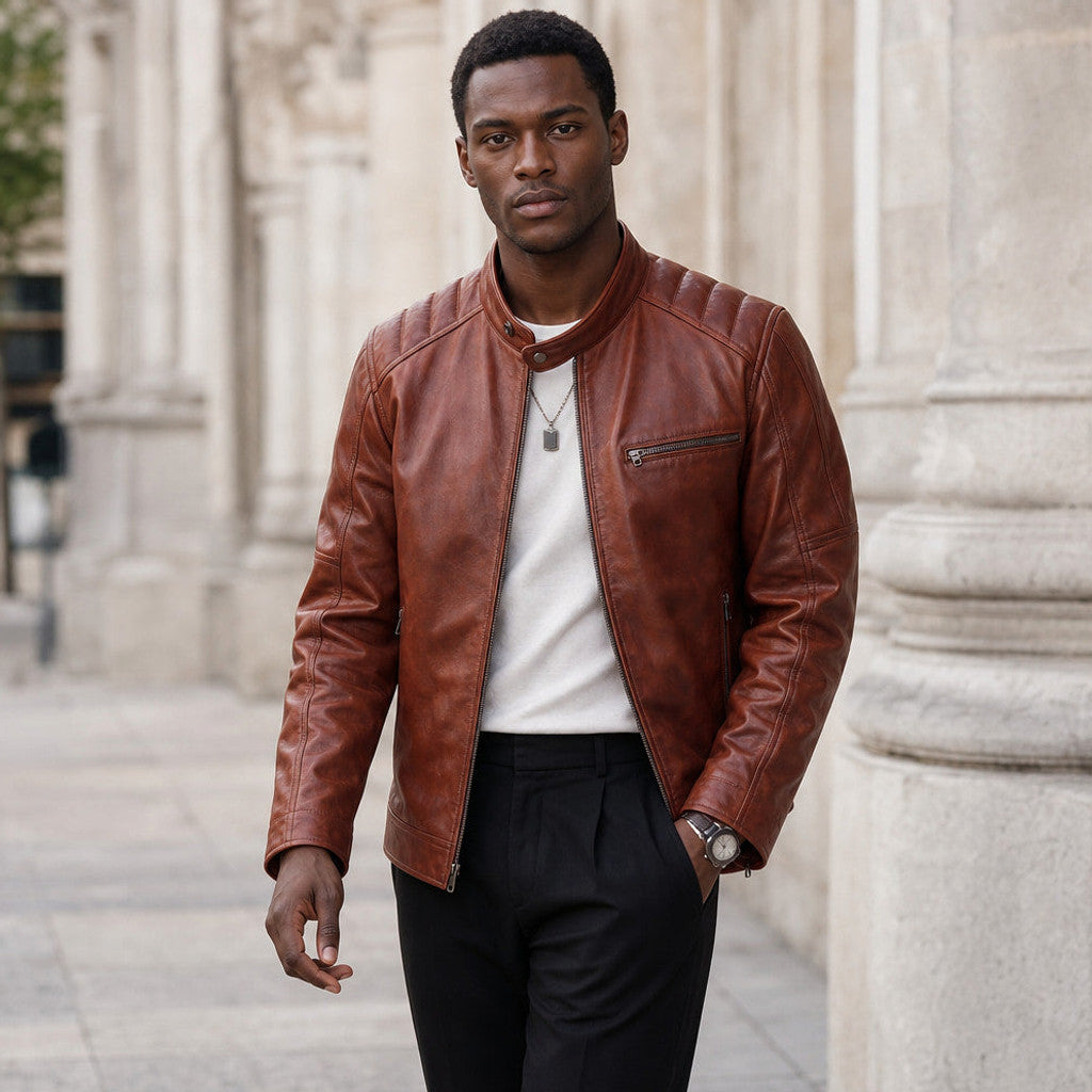 Germain | Leather Cafe Racer Jacket Cognac Brown
