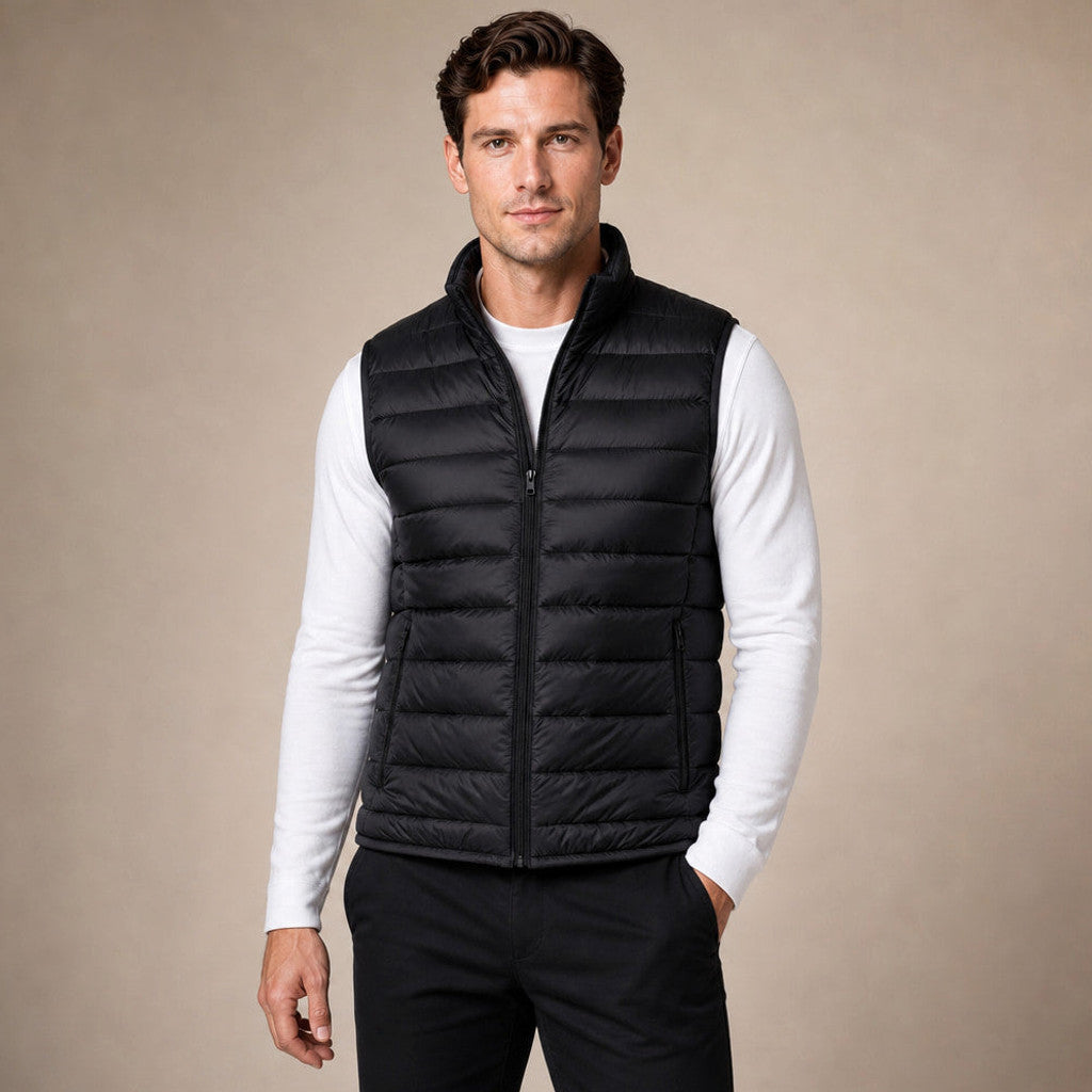 Black quilted sleeveless puffer vest with full-length zip