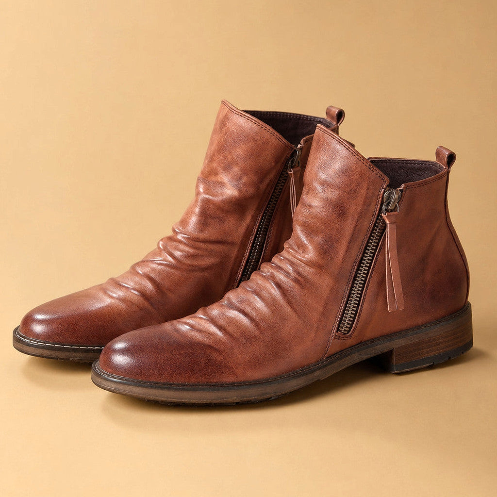 Brown faux leather dealer boot with side zip and low rubber sole
