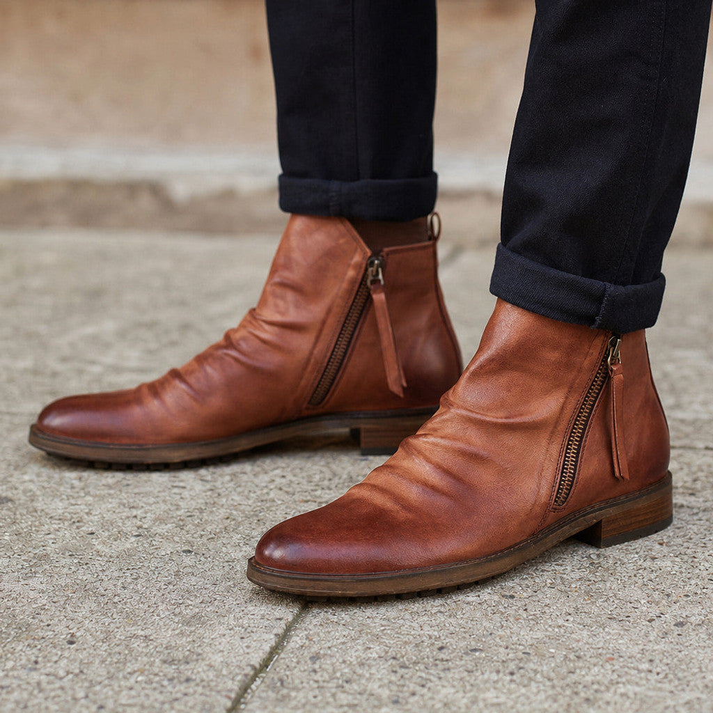 Man wearing brown side-zip dealer boots with slim dark jeans