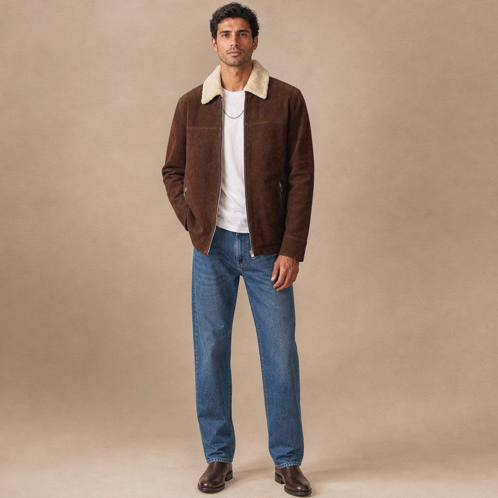 Man wearing dark brown suede shearling biker jacket with collar turned up