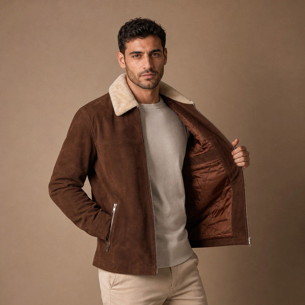 Gower | Shearling Biker Jacket Suede Dark Brown – Product Photo