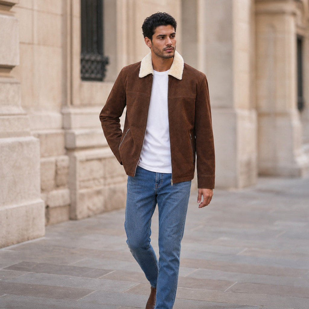 Gower | Shearling Biker Jacket Suede Dark Brown – Product Photo