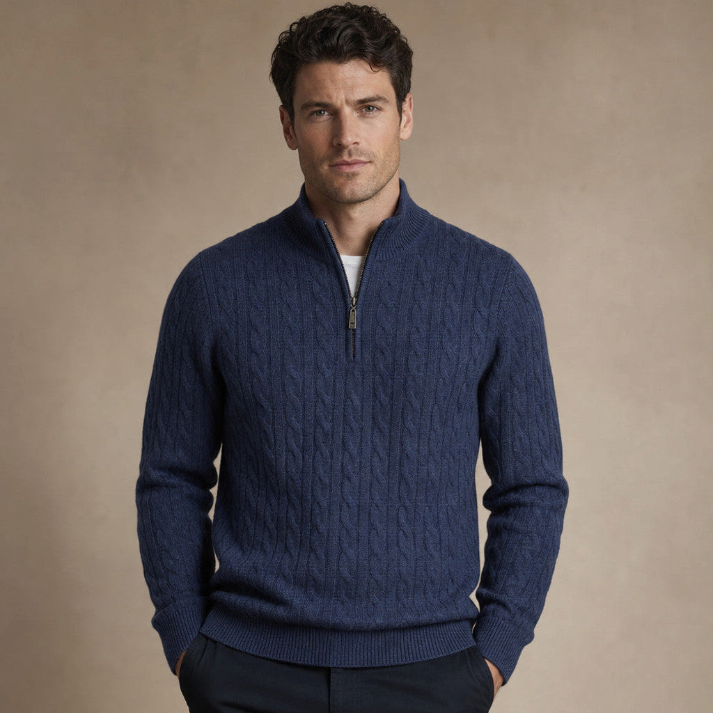 Midnight navy cable knit quarter zip jumper with stand collar