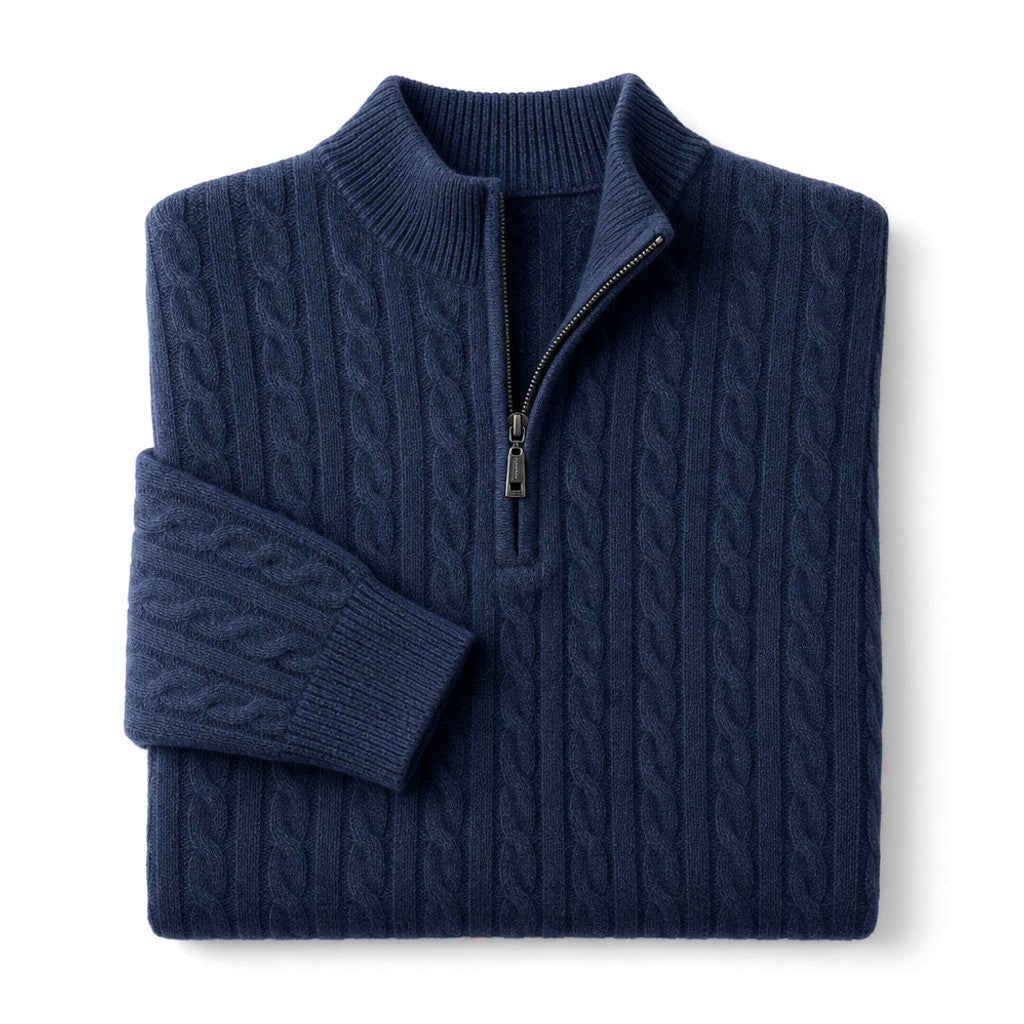 Man wearing midnight navy wool quarter zip jumper over a tee