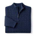 Man wearing midnight navy wool quarter zip jumper over a tee