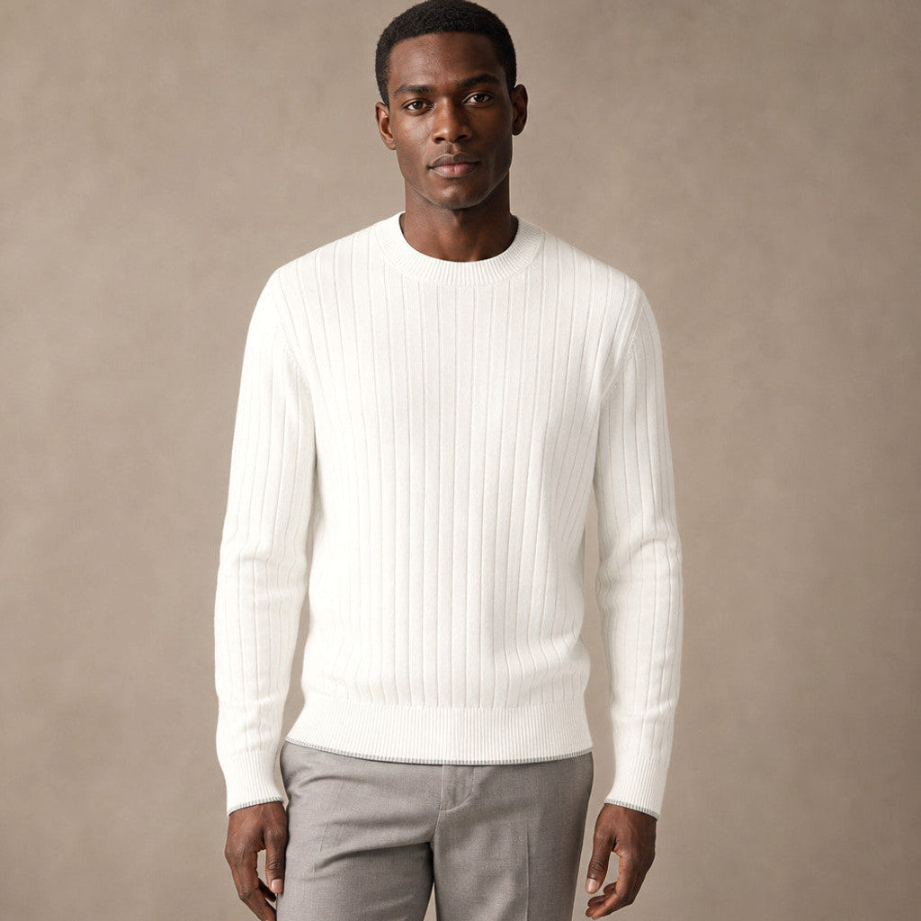 Ivory ribbed cotton-linen crewneck jumper with contrast tipping