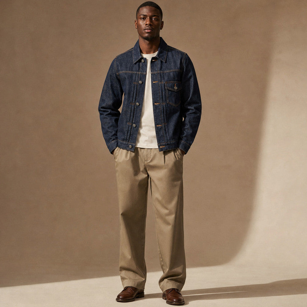 Man wearing a relaxed-fit raw indigo denim jacket over a knit