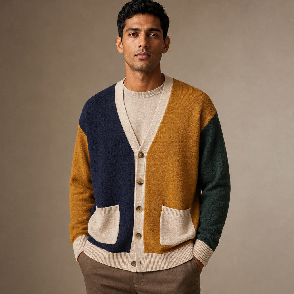 Button front knitted cardigan with contrast trim at placket and cuffs