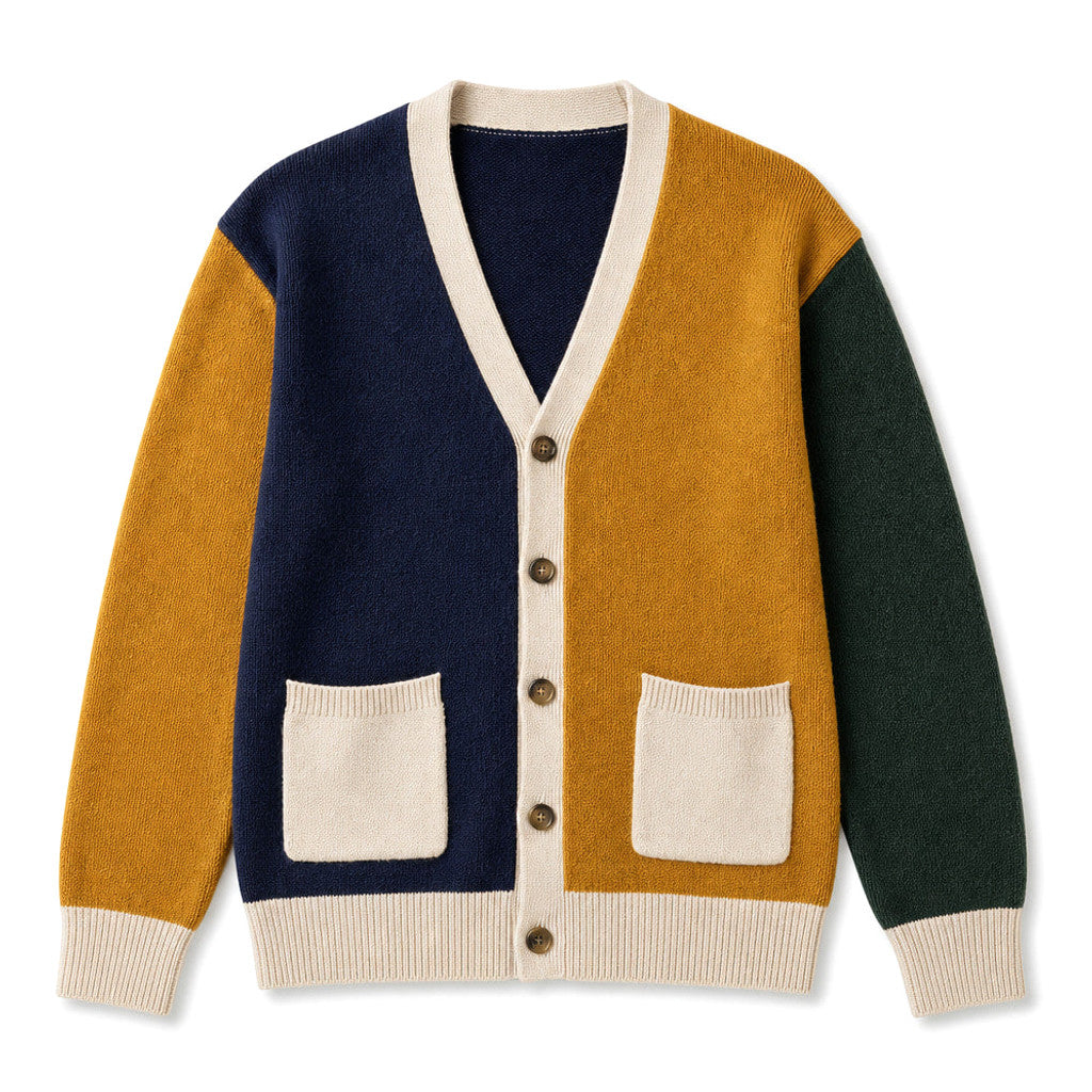 Man wearing a contrast trim knit cardigan open over a plain tee