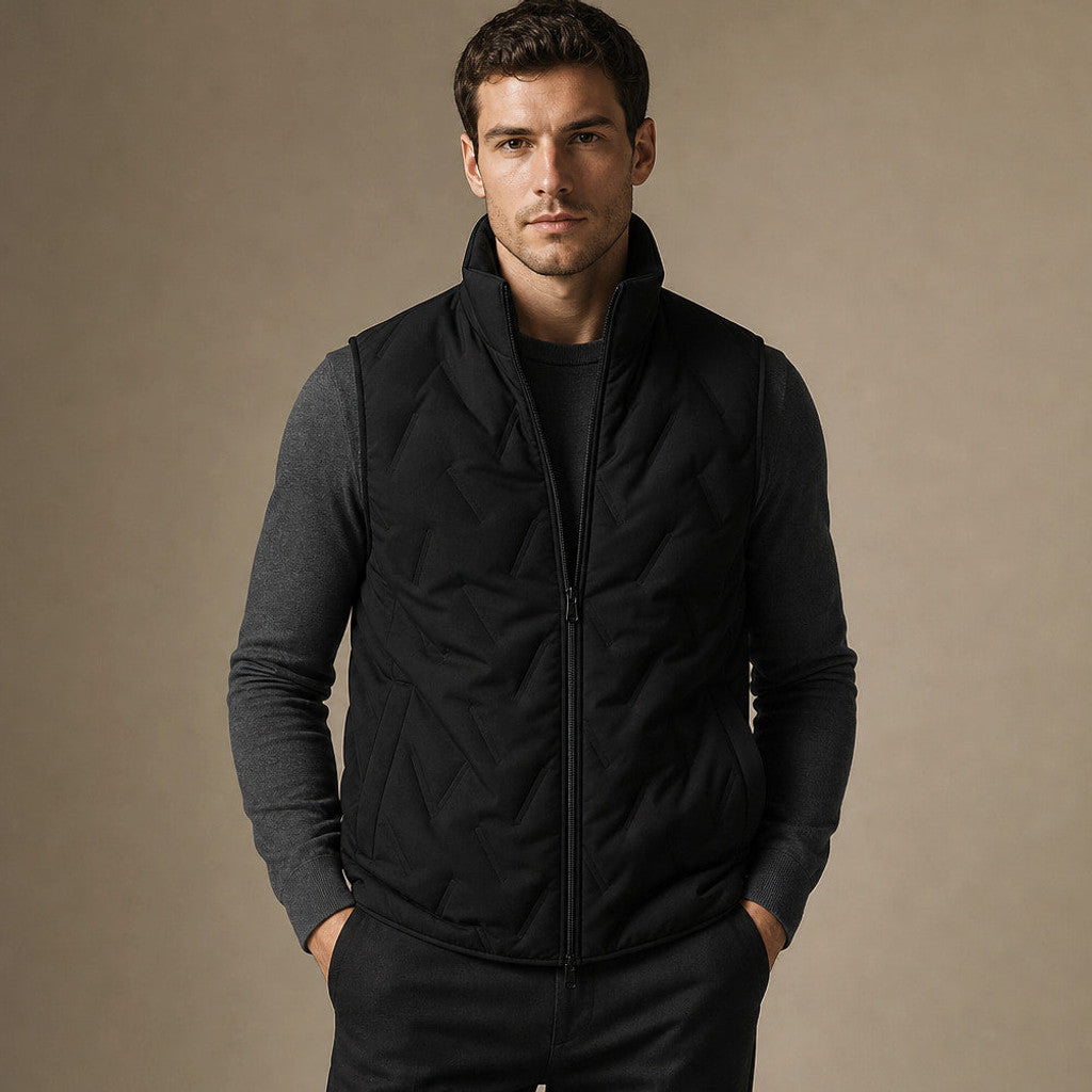 Black sherpa waistcoat with full-length zip, front view