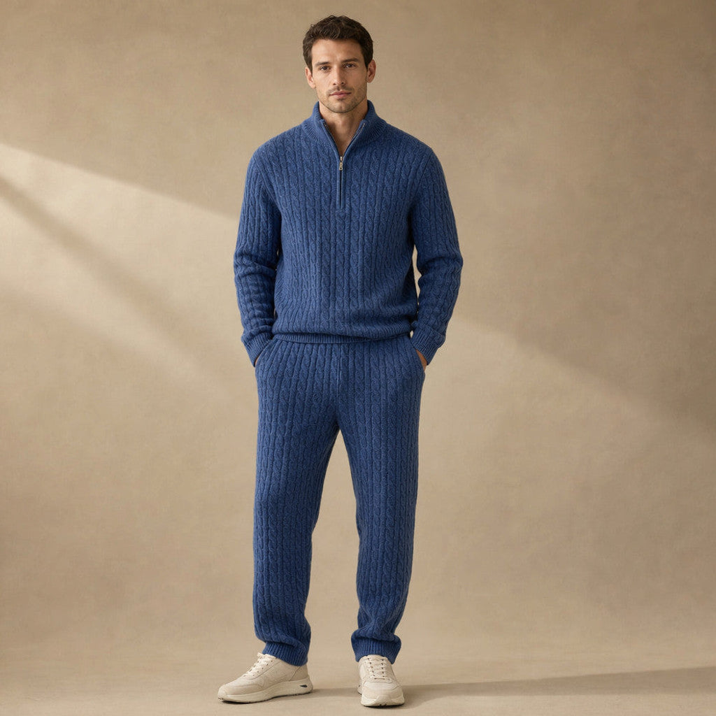 Man wearing midnight navy quarter-zip knit and linen trouser set