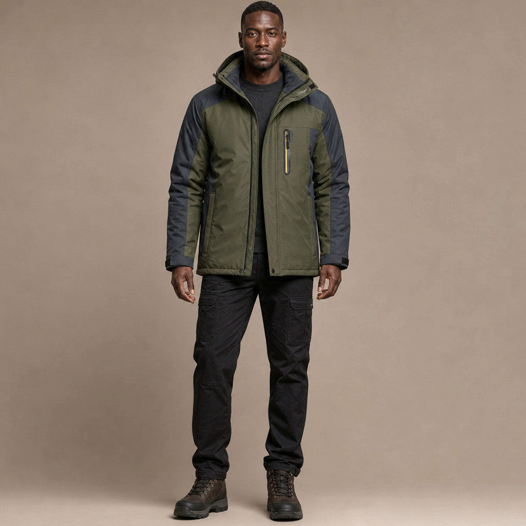 Green padded windbreaker coat with removable hood, front view