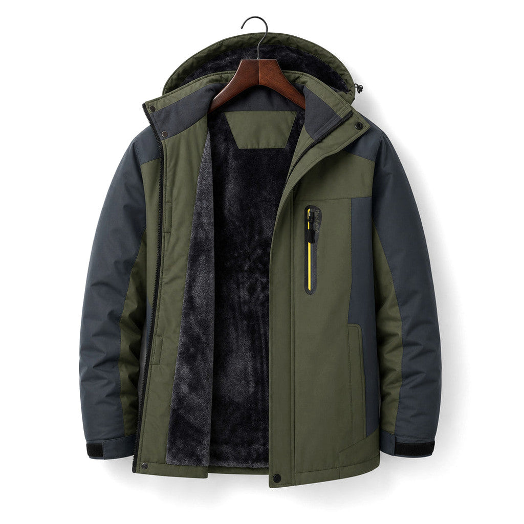 Man wearing green padded windbreaker coat with hood attached
