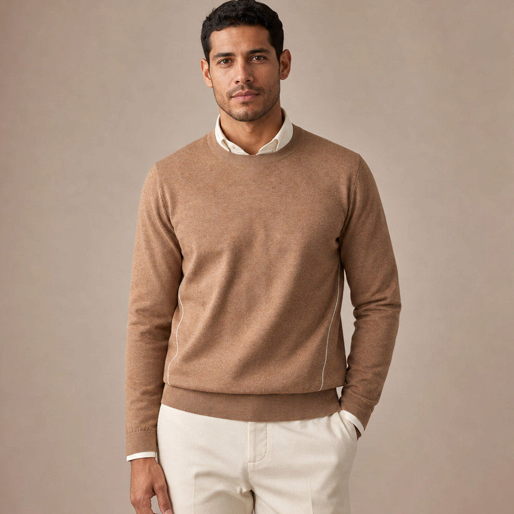 Camel fine-gauge crewneck jumper with contrast piping at the shoulders