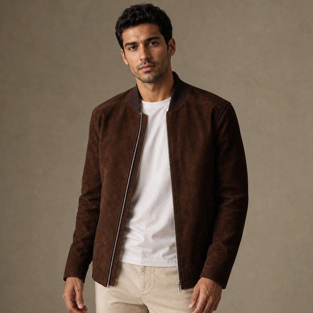 Dark brown suede bomber jacket with rib-knit collar and hem, front zip closed