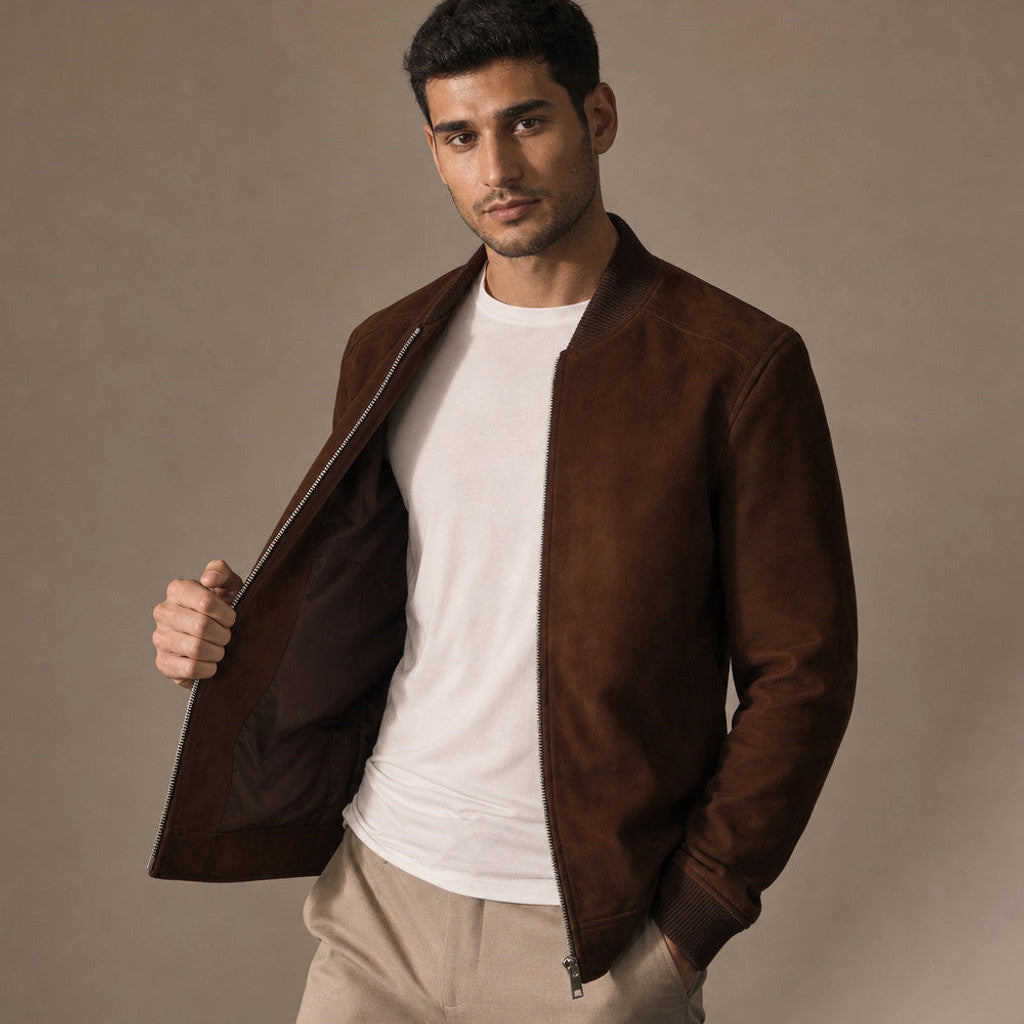 Man wearing dark brown suede bomber jacket over a fine knit with dark denim