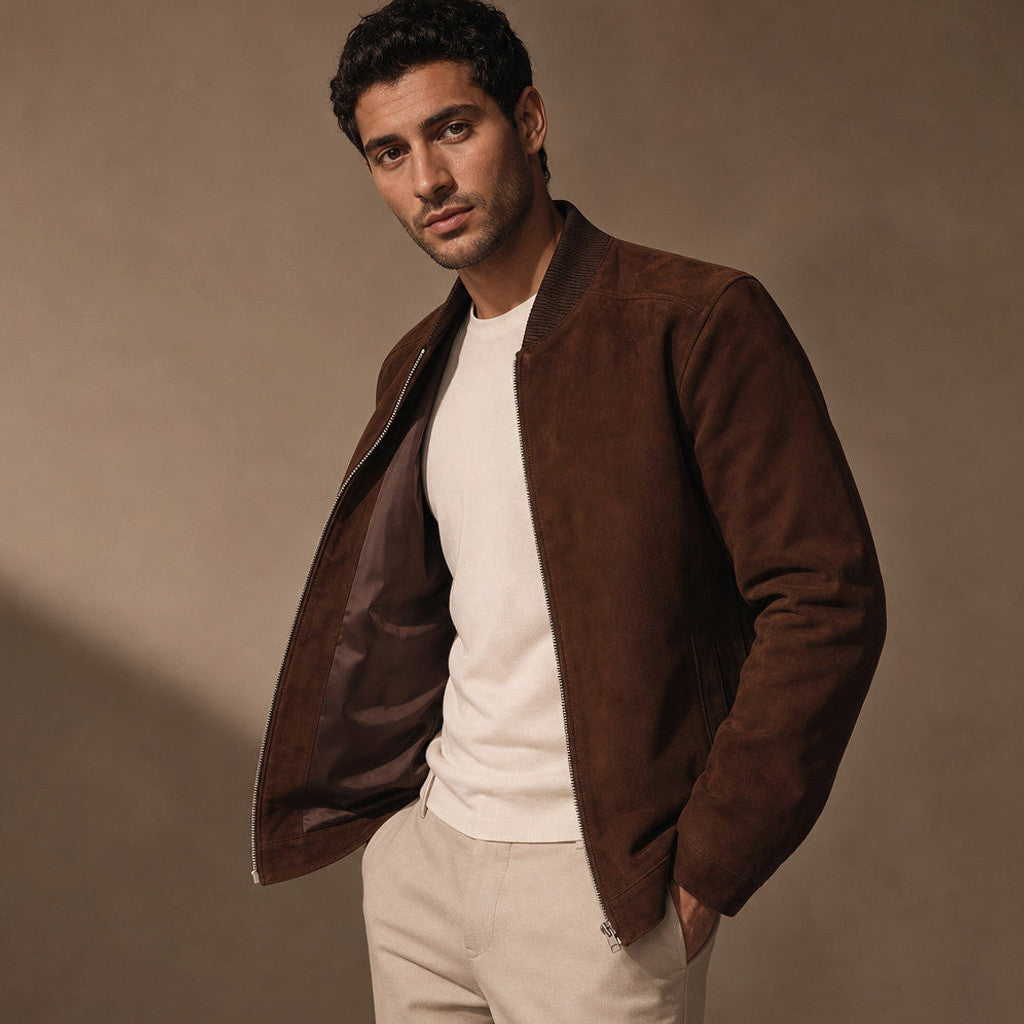 Hazlitt | Suede Bomber Jacket Dark Brown – Product Photo