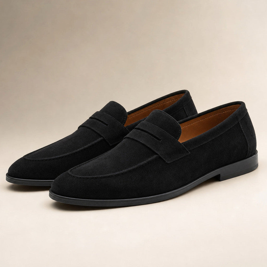 Black suede-look driving loafer with moc toe seam and rubber sole