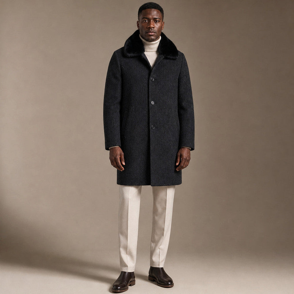 Mid-length quilted overcoat with detachable fur collar, front view