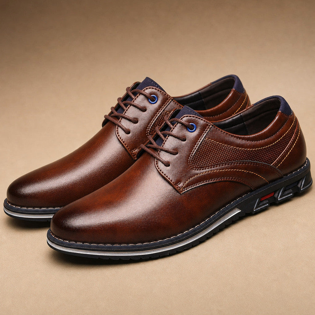 Brown leather brogue oxford shoe with closed lacing and low heel