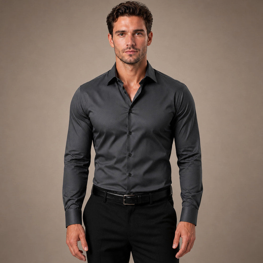 Black Gray slim fit dress shirt with spread collar, front view
