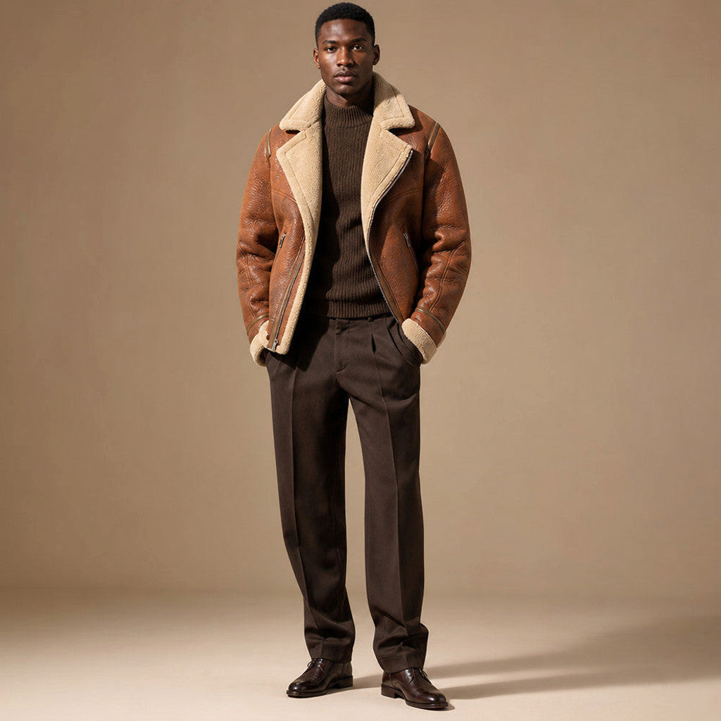 Man wearing a sherpa lined aviator jacket in cognac brown with dark denim