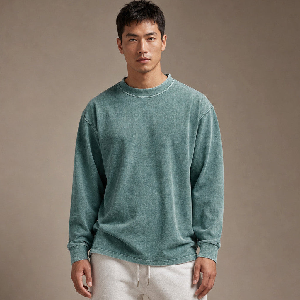 Green long sleeve crew neck t shirt in mid-weight jersey, front view