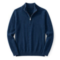 Man wearing navy funnel collar half zip pullover over a shirt