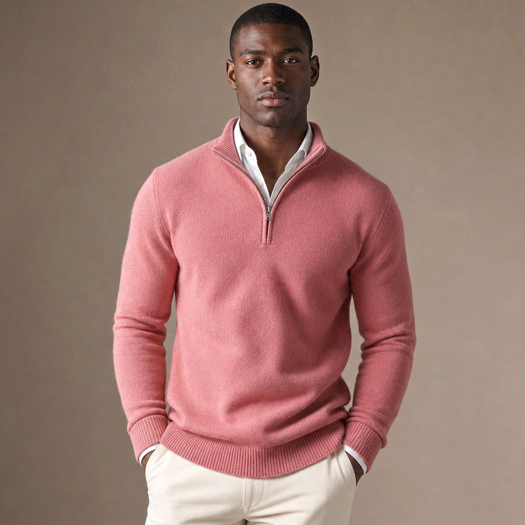 Pink fine-gauge ribbed quarter zip jumper, front view