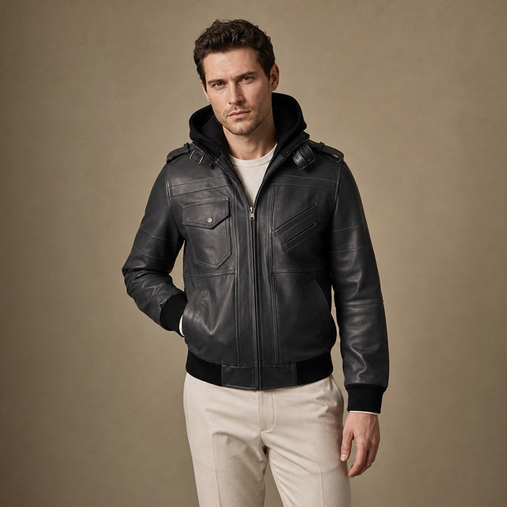 Black leather bomber jacket with removable hood and ribbed cuffs