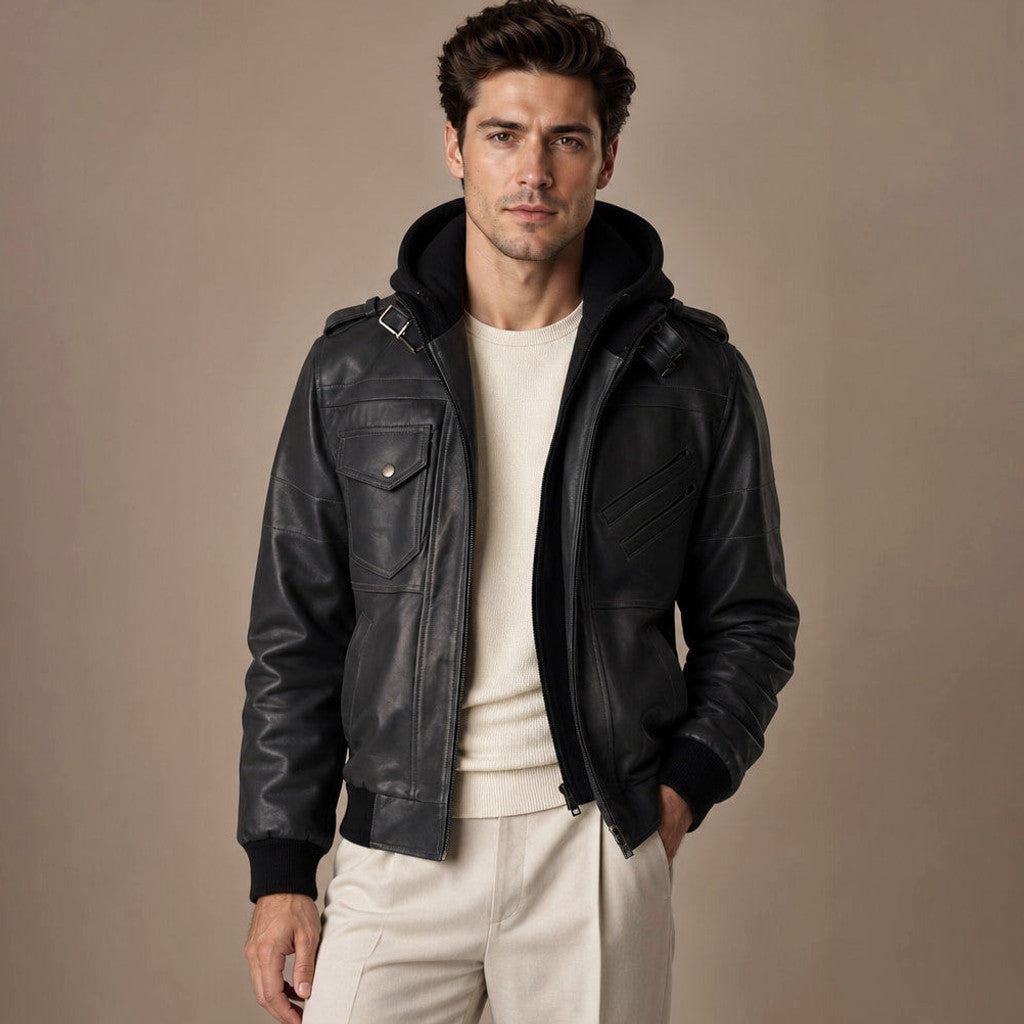 Man wearing a black leather hooded bomber jacket with dark denim
