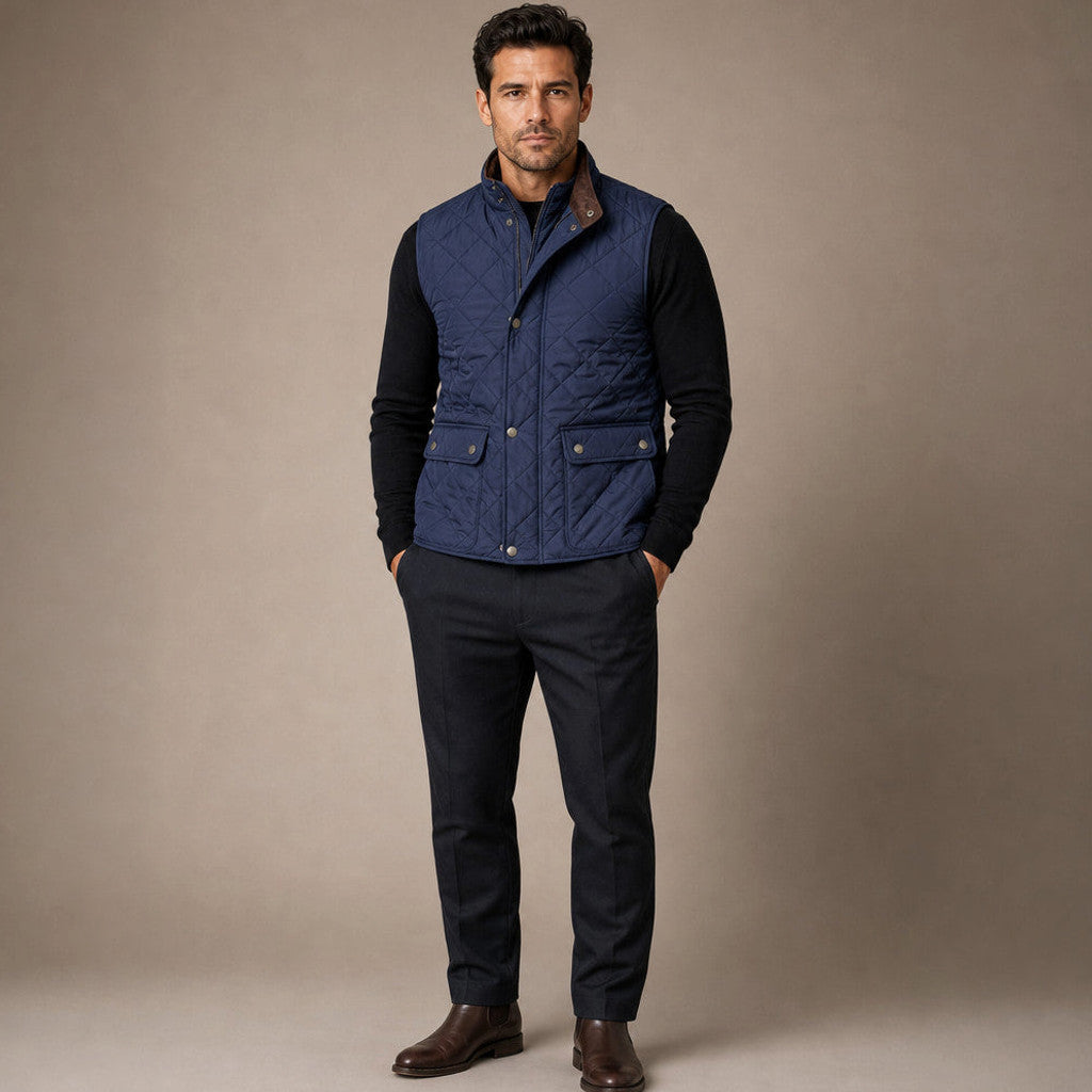 Blue quilted vest with polo collar and multi-pocket front