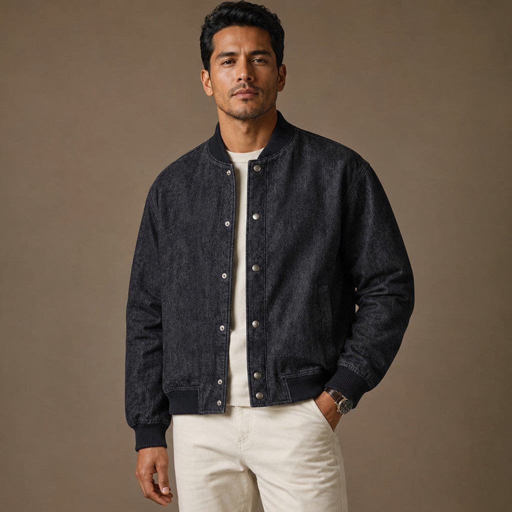 Raw indigo selvedge denim bomber jacket with ribbed collar and hem