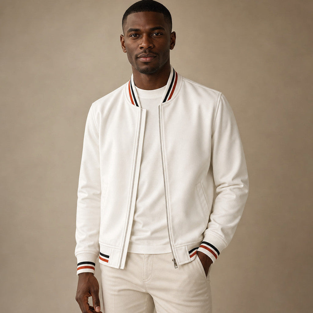 White cotton blend zip-up jacket with ribbed stripe trim