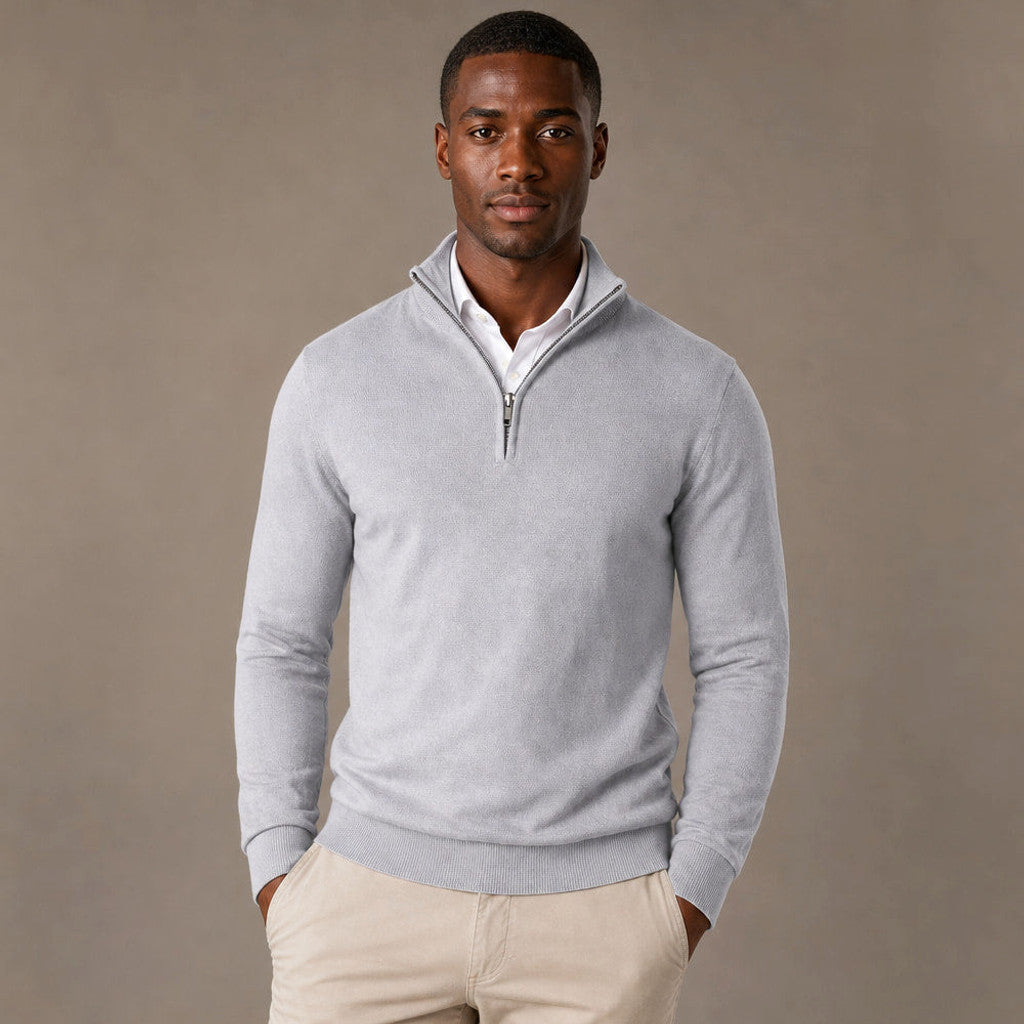 Light Gray quarter zip mock neck jumper shown flat with the zip half drawn