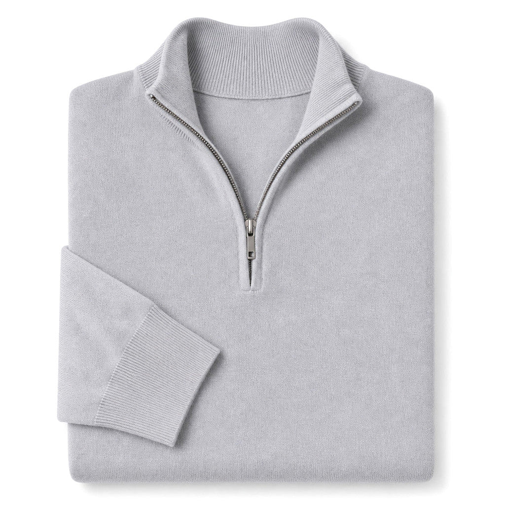 Man wearing a Light Gray slim fit quarter zip jumper with dark trousers