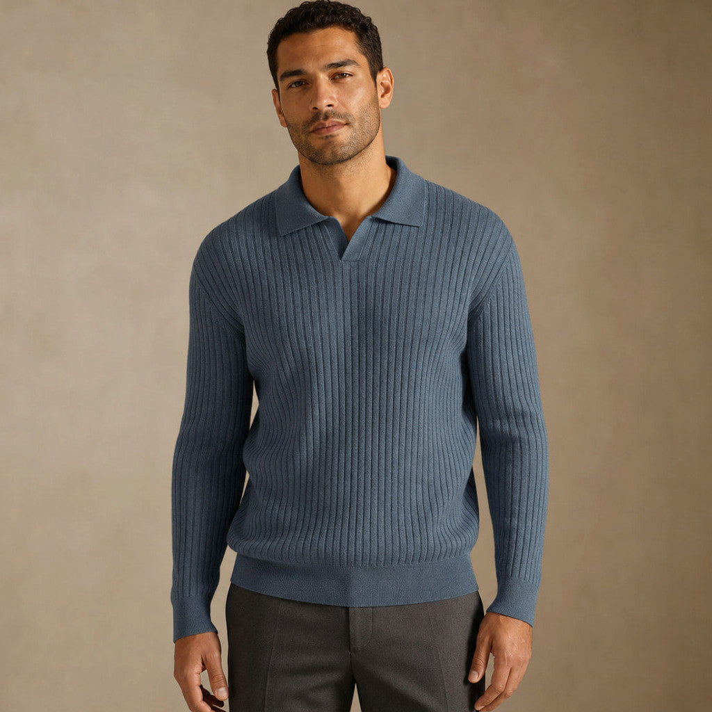 Glacier blue wool-blend ribbed knit polo shirt with contrast tipped collar