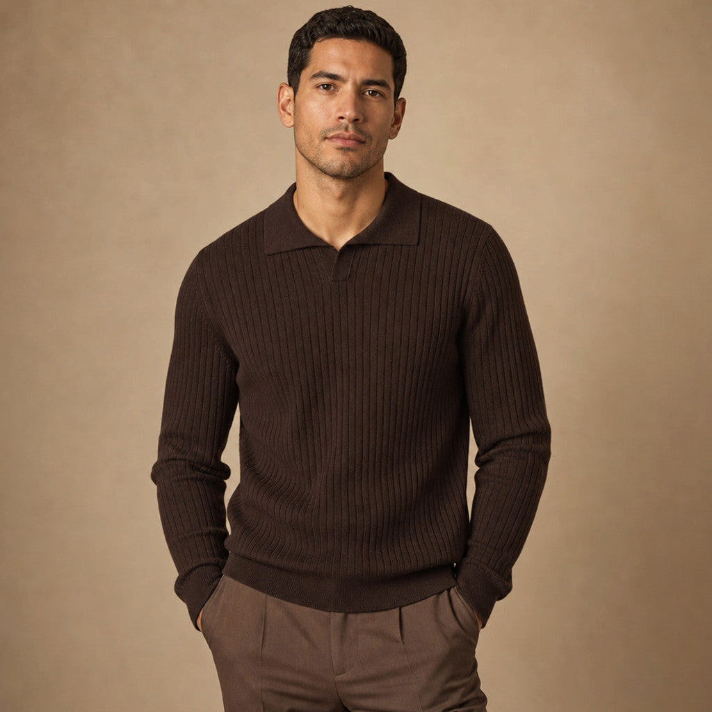 Landon | Ribbed Knit Polo Shirt Wool Blend – Product Photo