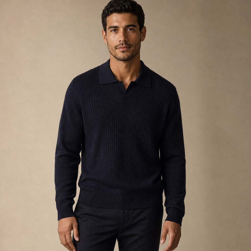 Landon | Ribbed Knit Polo Shirt Wool Blend – Product Photo