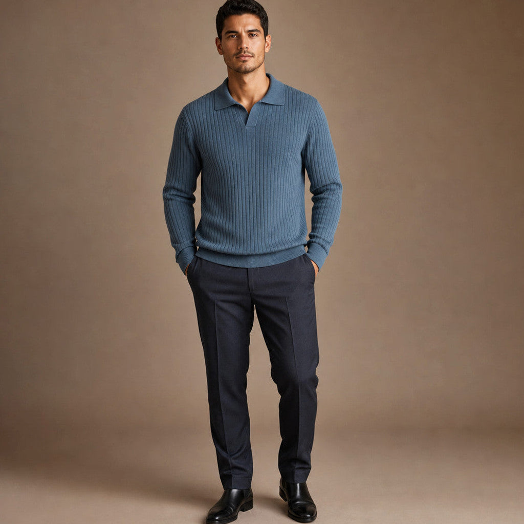 Landon | Ribbed Knit Polo Shirt Wool Blend – Product Photo