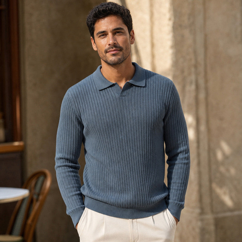 Landon | Ribbed Knit Polo Shirt Wool Blend – Product Photo