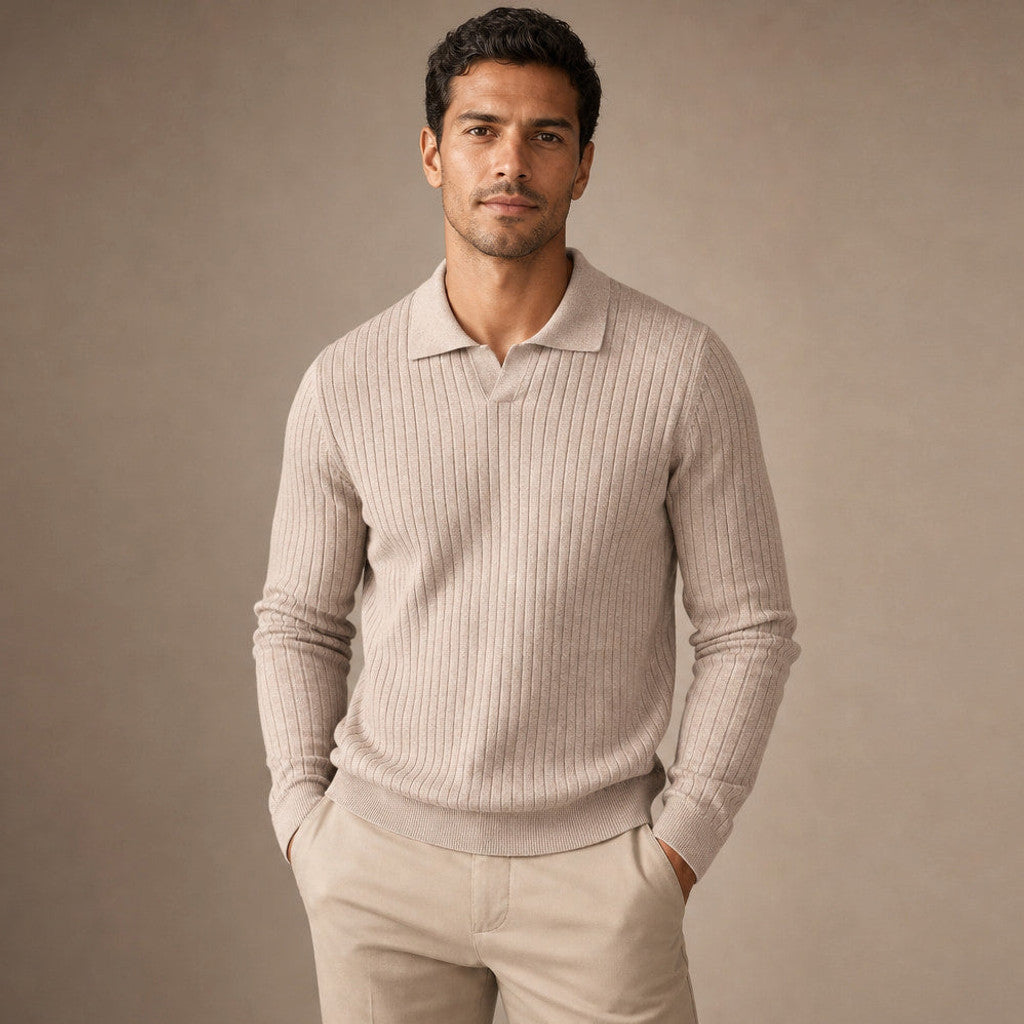Landon | Ribbed Knit Polo Shirt Wool Blend – Product Photo