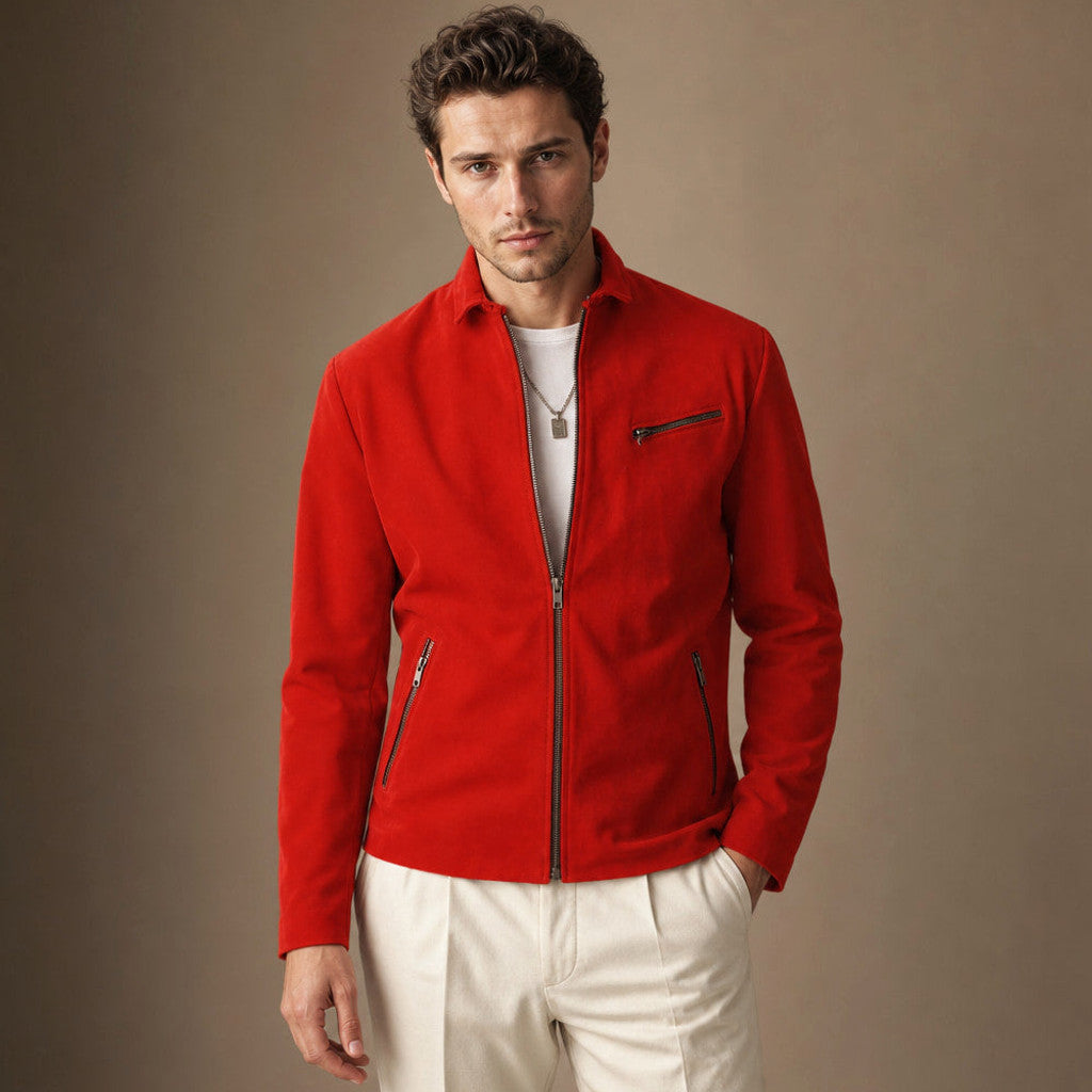 Man wearing red suede biker jacket with dark denim