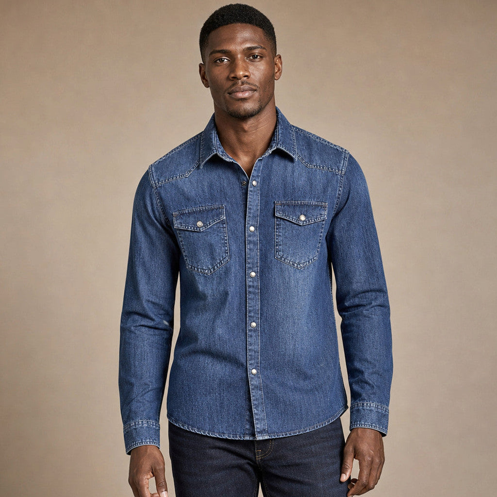 Denim Blue loose fit denim shirt with structured collar, front view